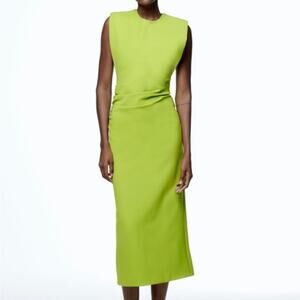 Zara Shoulder Pad Draped Bright Green Dress Size XS